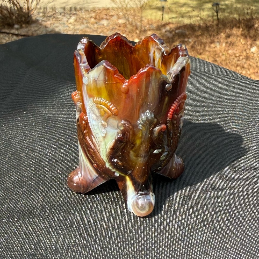Vintage Slag Glass Brown Swirl Toothpick Holder GHM Gold Hill Mine 2"